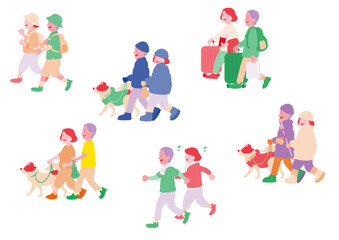 歩くシニア夫婦のイラスト　セット　日常生活　カラー2