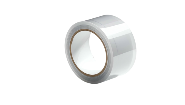 Glossy, clear tape roll at angle on dark background