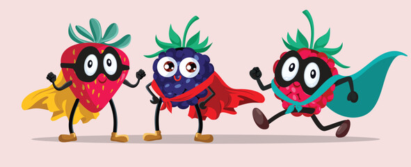 Superhero Berry Characters Wearing Capes Vector Illustration. Happy super foods rich in antioxidants and vitamins  
