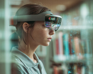 Young woman with freckles wearing a mixed-reality headset in a library, viewing coding and information overlays, showcasing technology empowering global education.