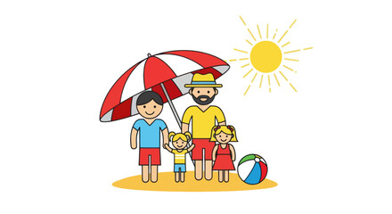 Cartoon Family Enjoying Beach Vacation Under Umbrella with Sun.