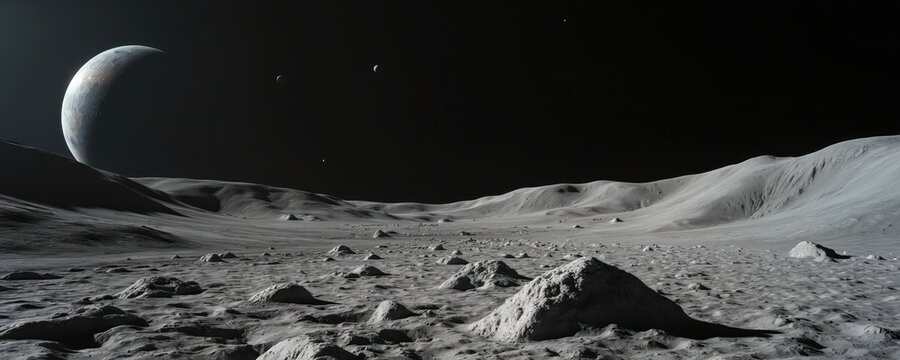 Lunar surface with craters and hills. Other planets visible in the distance. Dark sky with stars. Exploration of outer space and celestial bodies.