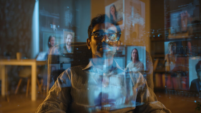 Male professional having an immersive, holographic video conference at night, surrounded by virtual participants from diverse, global locations.