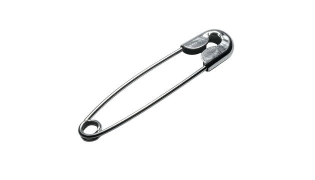 Silver safety pin, closed, on a solid black background