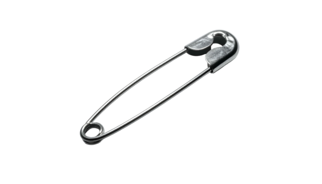 Silver safety pin, closed, on a solid black background