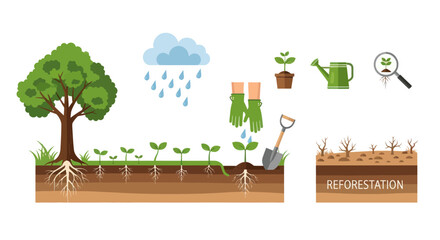 Illustration of Reforestation Process with Tree Seedlings Rain and Gardening Tools.