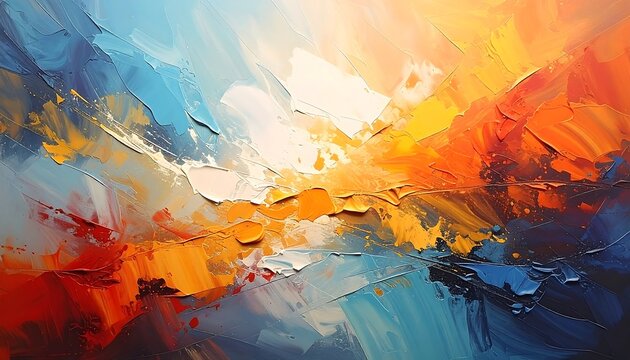 An abstract painting shows bold brushstrokes of orange, blue, white, and yellow. A textured artwork displaying an expressive, vibrant composition