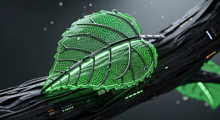 Glowing green leaf with intricate veins on a dark textured branch in a futuristic setting