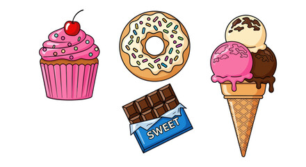 Delicious colorful sweet dessert collection: cupcake donut chocolate bar ice cream.