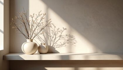 Minimalist interior photo with stylish vases and a natural branch. The light creates shadows on the wall, enhancing the clean design. This home decor photo is good for presentations.