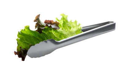 Lettuce gripped by metallic tongs against a black backdrop