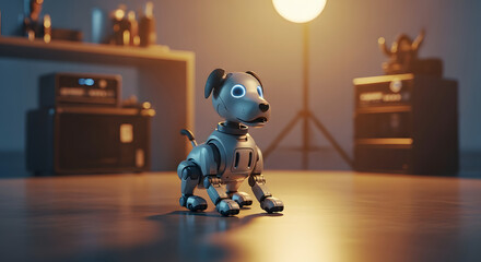 A robotic dog sitting on a reflective surface with a lamp and shelves in the background setting the scene