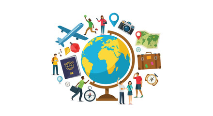 Fototapeta premium Colorful Globe Surrounded by Travel and Adventure Elements.