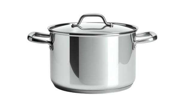 Shiny metal cooking pot with glass lid on a dark background
