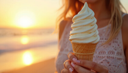 Young woman holds soft serve ice cream cone at sunset on the beach. Blonde female enjoys sweet treat on warm summer day. Vanilla dessert in hand at ocean shore on vacation.