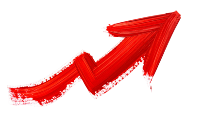 A large red, upward-pointing arrow, brush-stroked texture, on a transparent background