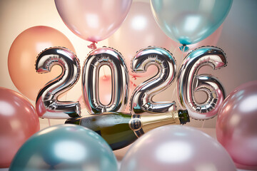 Pop the bubbly and celebrate the future with shimmering 2026 balloons and a champagne toast creating an exciting New Year vibe.