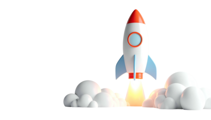 A cartoonish rocket blasts off from a cloud of white smoke against a black background