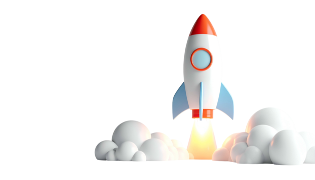 A cartoonish rocket blasts off from a cloud of white smoke against a black background