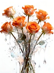 Surreal Flowers Series : Vibrant Orange Roses Dripping with Water on a Clean White Background 004