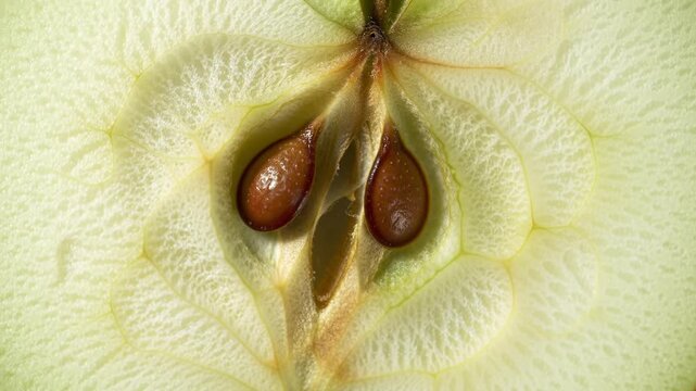 Extreme closeup macro shot of a green apple cut in half revealing the core and two brown seeds showcasing the intricate details and texture of the fruits interior highlighting natural patterns and or.