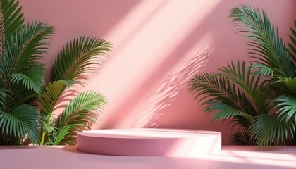 Fototapeta premium Minimalist pink stage with lush tropical palm leaves. Sunlight casts shadows on pastel wall. Clean display podium for product presentation. Serene zen atmosphere.