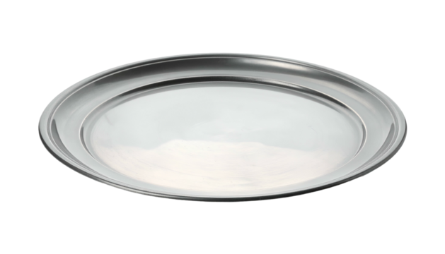 Gleaming oval metal serving tray on black background