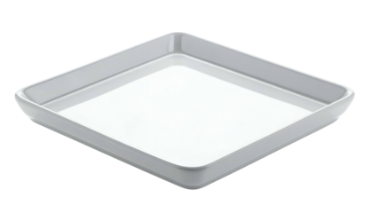 White, square, empty baking dish with a thick rim, elevated view