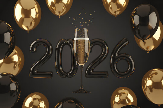 Toast to 2026 with sparkling champagne and festive gold and black balloons, celebrating new beginnings and joyous occasions with elegance