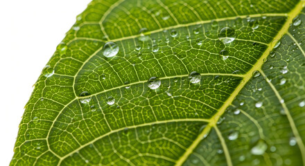 Obraz premium Close-up of green leaf with water droplets and visible veins 