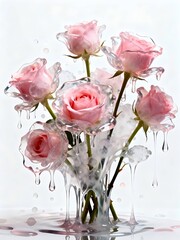 Surreal Flowers Series : Vibrant Pink Roses Dripping with Water on a Clean White Background 001