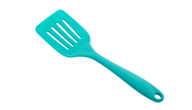 Turquoise slotted spatula with handle, hole, dark background