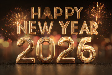 Celebrate a bright 2026 with this golden Happy New Year message and sparkling fireworks, perfect for greetings, cards, and festive promotions