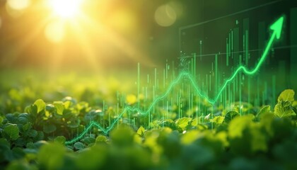 Green chart with rising arrow over green plants signifies growth. Sunlight shines on growing plants. Concept of eco-friendly investments nature and finance are combined.