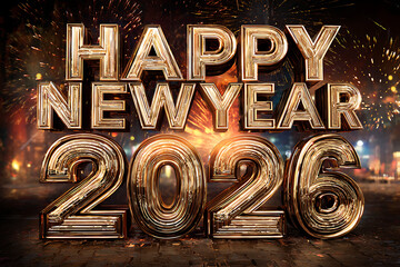 Golden Happy New Year 2026 Celebration with Fireworks, perfect for festive greetings and holiday marketing campaigns, ushering in joy and prosperity