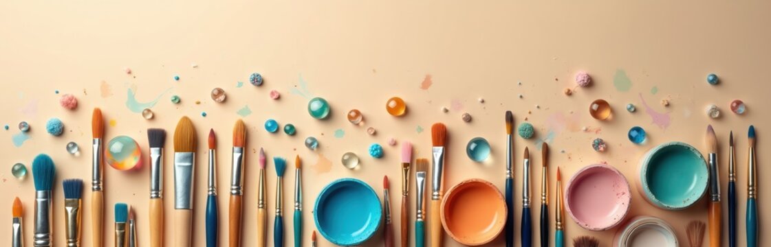 Various art supplies arranged neatly. Many brushes and paint containers on beige backdrop. Creative tools used for painting hobby. Artist studio banner. Art background for blog or site design.