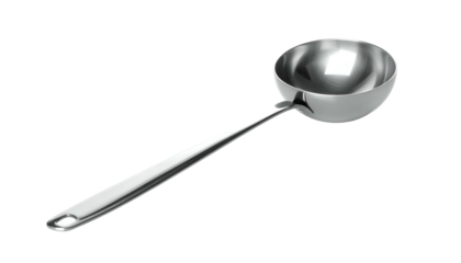 Shiny, metal ladle reflecting light, angled on black