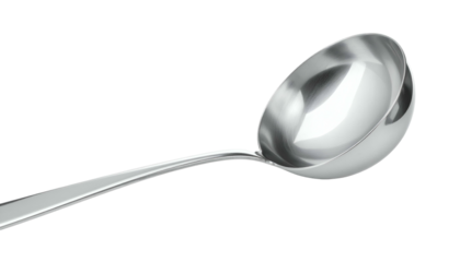 Polished metal ladle with a curved handle on black backdrop