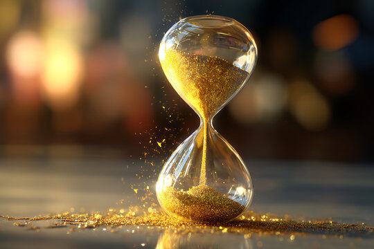 Golden sand flows in a timeless hourglass, capturing moments of passing time and urging action with the elegance of fleeting beauty, a reminder