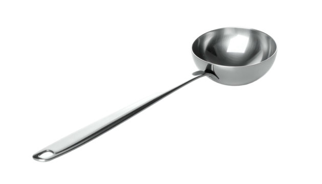 Shiny, metal ladle reflecting light, angled on black