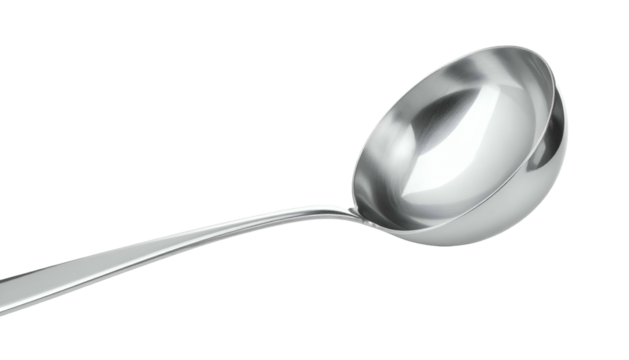 Polished metal ladle with a curved handle on black backdrop