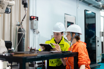 Engineers in safety gear discuss automation process using digital tablet in modern factory setting, showcasing teamwork, technology, and industrial innovation.