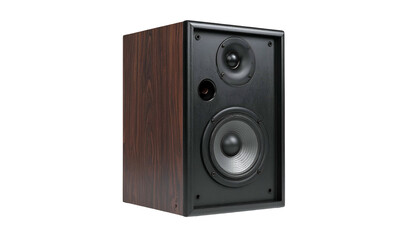 Obraz premium Wooden loudspeaker with black faceplate, angled on black background