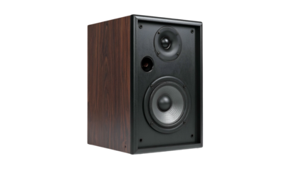 Wooden loudspeaker with black faceplate, angled on black background