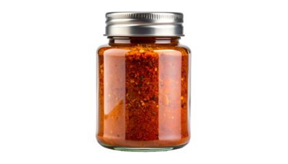 Spice-filled glass jar with a silver lid on a black background