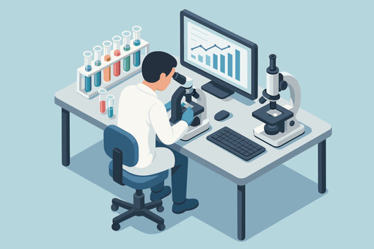Young hispanic male scientist analyzing data using microscope in laboratory setting