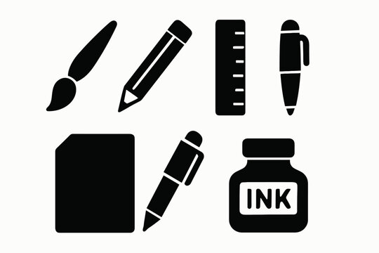 Silhouette of art and writing tools including brush, pencil, ruler, pen, paper, ink
