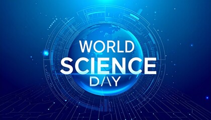 Digital World Science Day graphic with glowing Earth, bold typography, and futuristic scientific elements.