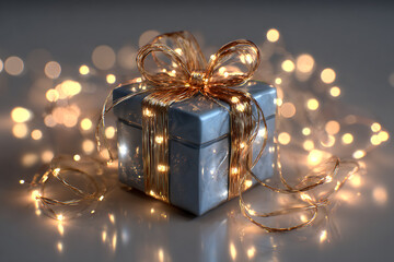 Elegant gift box wrapped with gold fairy lights for a festive celebration and holiday cheer, perfect for Christmas, birthdays, or special occasions