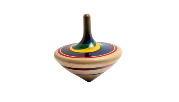 Colorful wooden spinning top on black background